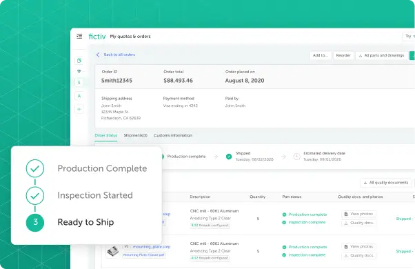 Fictiv order dashboard showing full visibility from quote to delivery